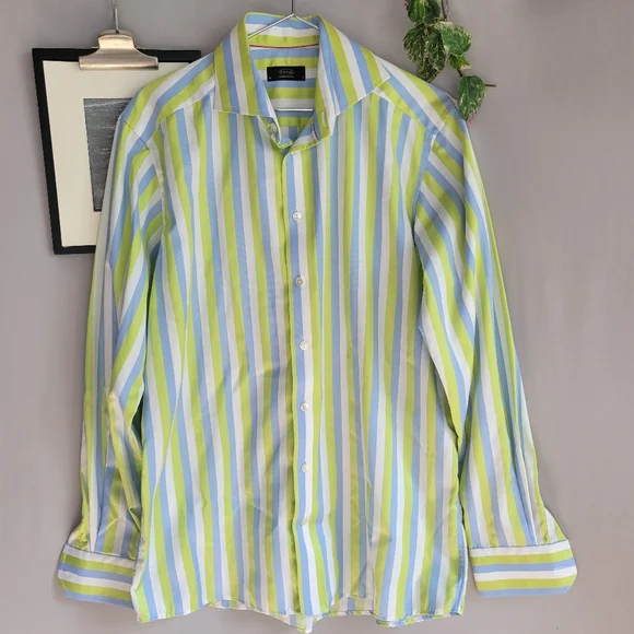 dark sage green mother of the bride dresses Yellow Blue Striped Linen-Cotton Shirt main image 1